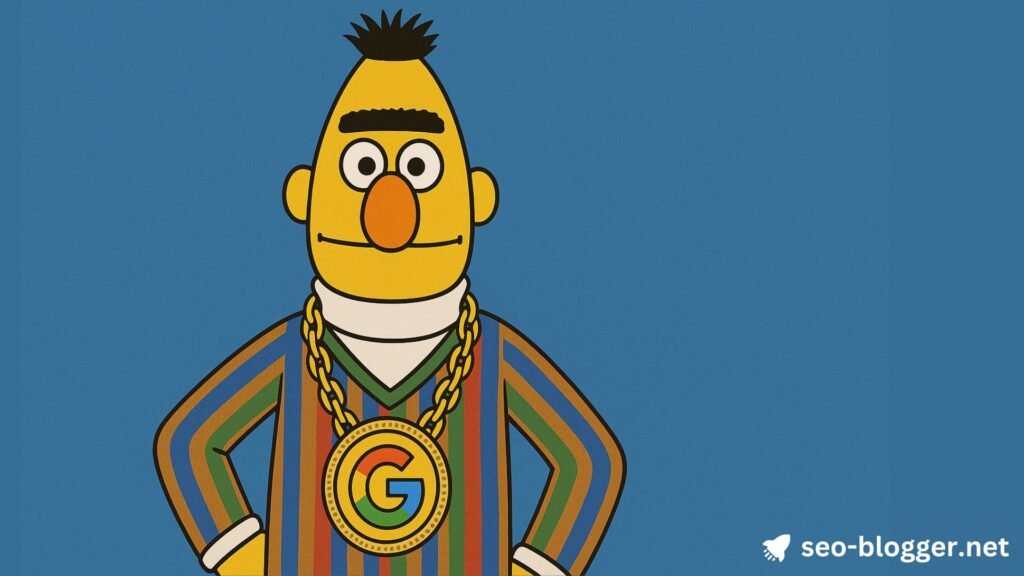 Eine Illustration von Bert, der eine Kette trägt, mit dem Googlelogo.