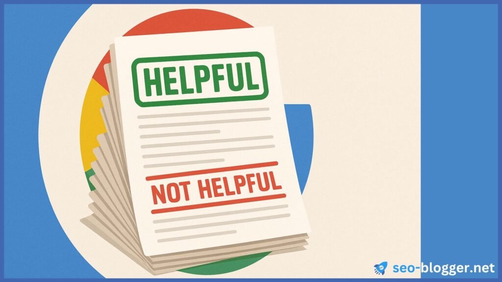 Eine Seite mit Content ist als HELPFUL und NOT HELPFUL markiert. Googles Logo im Hintergrund.