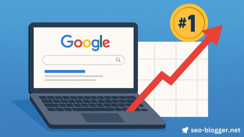 Ein Laptop auf dem Google geöffnet ist und ein steigender Performance Chart.