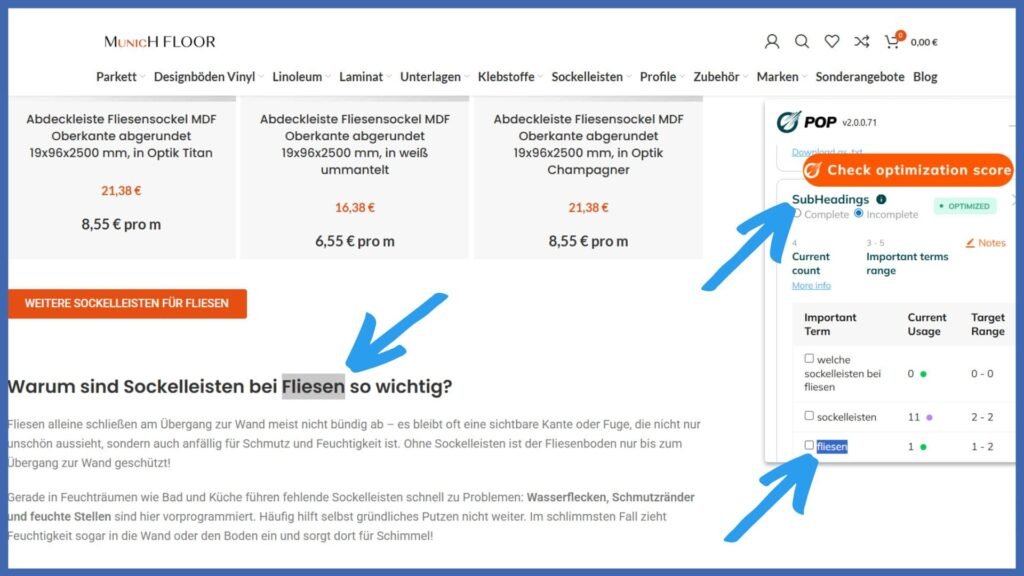 Ein PageOptimizer-Pro-Report, geöffnet auf der Seite eines Kundenprojekts.