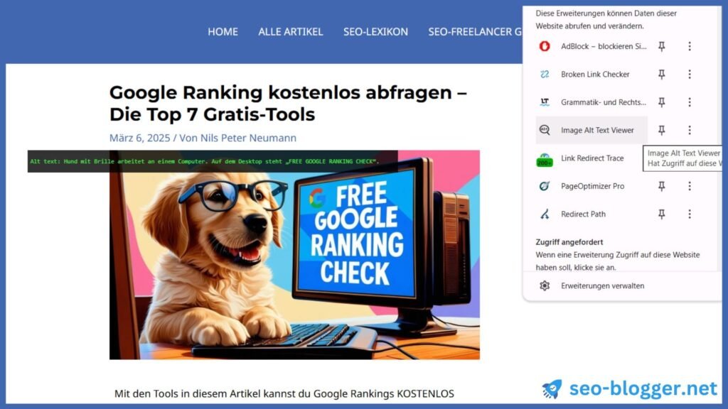 Ein Screenshot der Chrome Erweiterung “Image Alt Text Viewer”.