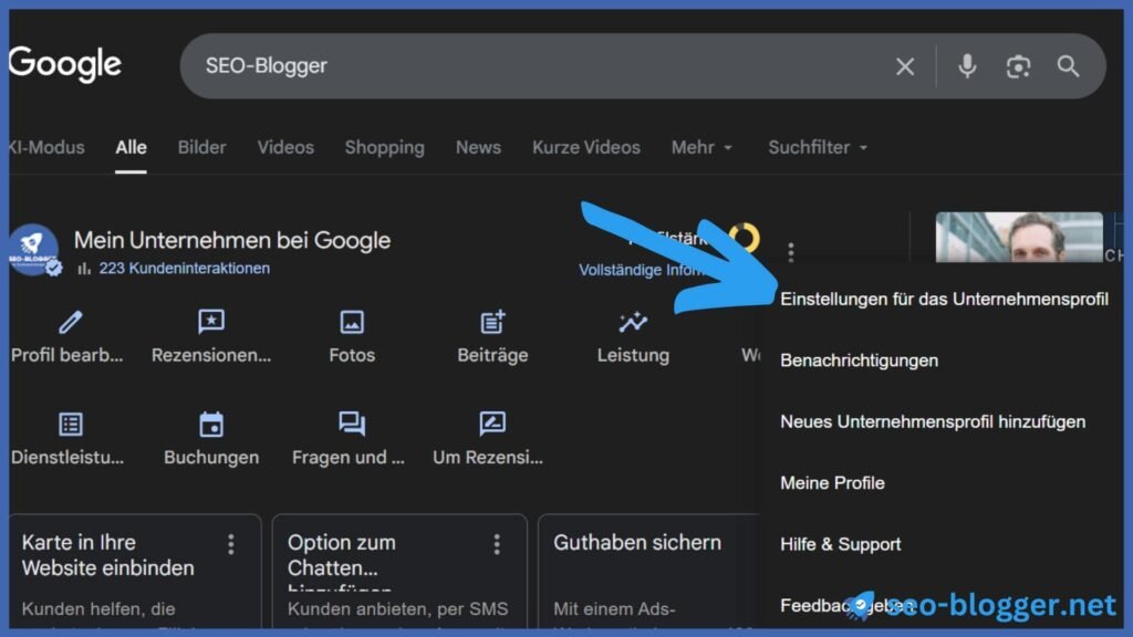Der Menüpunkt “Einstellungen für das Unternehmensprofil” ist mit einem Pfeil markiert.