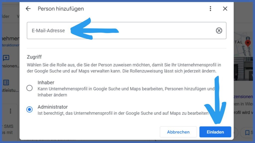 Markiert sind das Feld „E-Mail-Adresse“ und der Button „Einladen“ im Menü „Personen hinzufügen“.