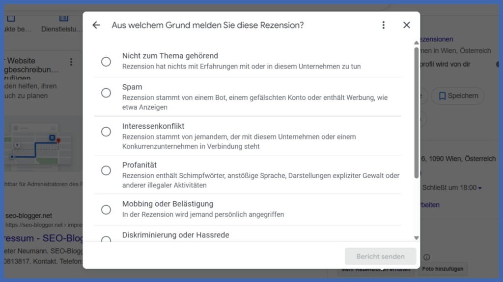 Menü „Aus welchem Grund melden Sie die Rezension?“ in einem Google Unternehmensprofil.