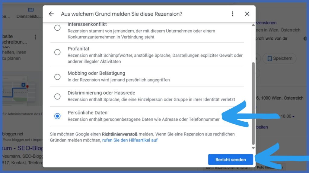 Markiert ist die Auswahl “Persönliche Daten” im Menü “Aus welchem Grund melden Sie die Rezension” in einem Google Unternehmensprofil.