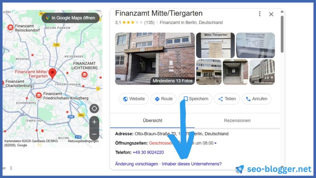 Markiert ist die Auswahl „Inhaber dieses Unternehmens?“ in einem Google Unternehmensprofil.