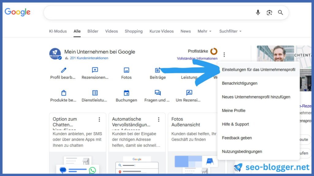 Das Google Unternehmensprofil Dashboard. Markiert ist der Menüpunkt „Einstellungen für das Unternehmensprofil“.
