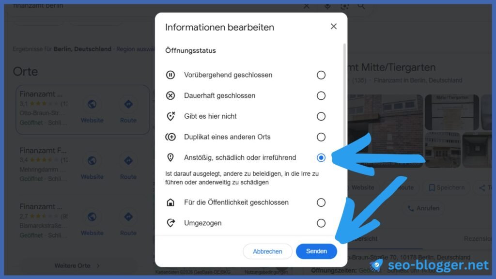 Die Auswahl „Anstößig, schädlich oder irreführend“ eines Google Unternehmensprofils ist markiert.