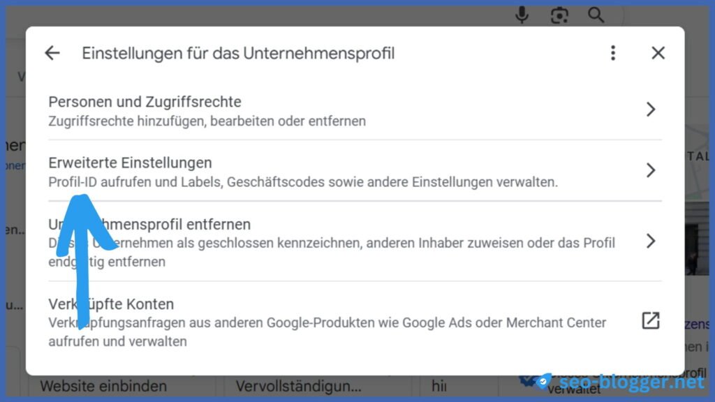 Markiert ist die Auswahl „Erweiterte Einstellungen“ in den Einstellungen eines Google Unternehmensprofils.
