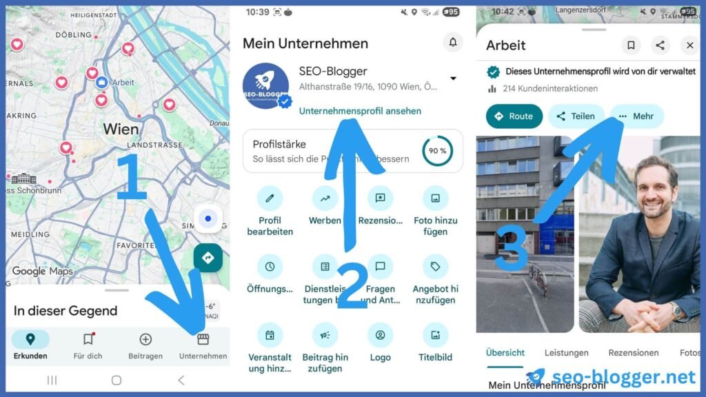 Schritt-für-Schritt-Anleitung mit Screenshots, wie man von Google Maps zum Button „Mehr“ des Google Unternehmensprofils gelangt.