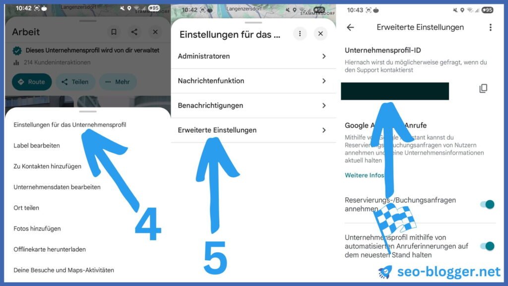 Schritt-für-Schritt-Anleitung mit Screenshots, wie man im Google Unternehmensprofil zu den Erweiterten Einstellungen gelangt.