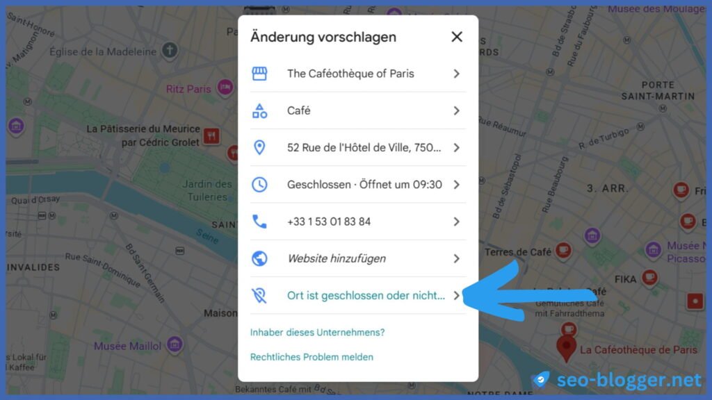 Markiert ist der Menünkt “Ort ist geschlossen oder nicht öffentlich zugänglich” in einem Google Unternehmensprofil.