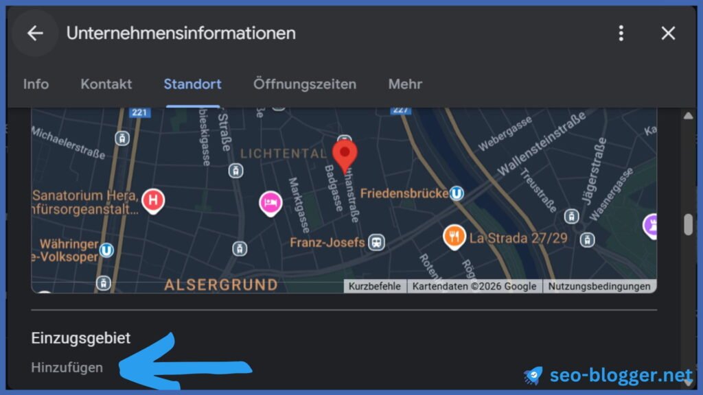 Standort-Menü im Google Unternehmensprofil. Markiert ist „Einzugsgebiet hinzufügen“.