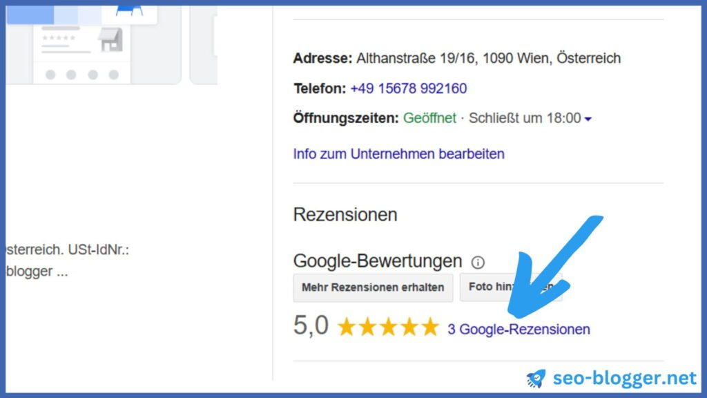 Markiert ist der Link zu den Google-Rezensionen auf einem Google Unternehmensprofil.