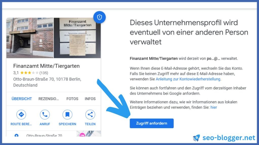 Markiert ist der Button Zugriff anfordern in einem Google Unternehmensprofil.