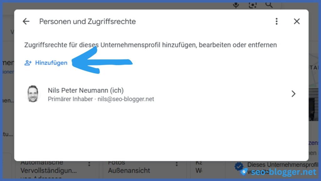 Markiert ist der Menüpunkt „Hinzufügen“ im Menü „Personen und Zugriffsrechte“.