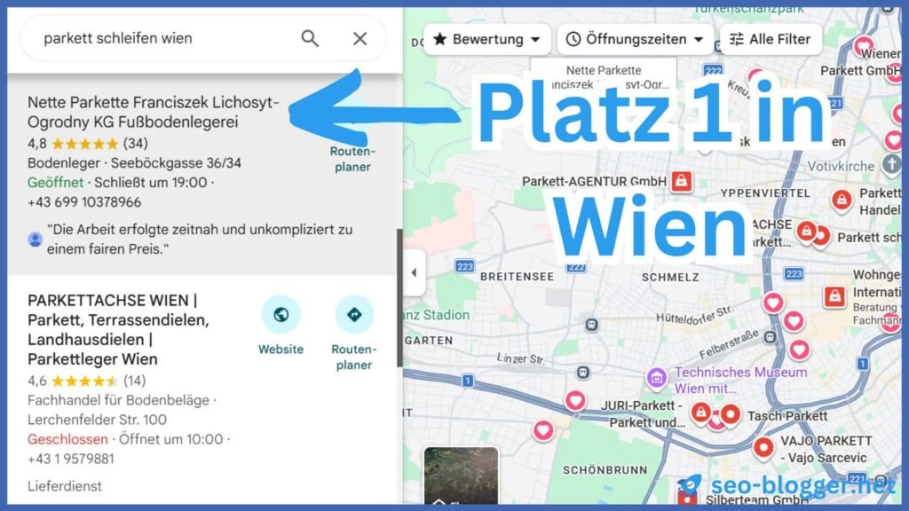 Screenshot eines Local Packs für eine Dienstleistung in Wien – markiert ist das erste Ergebnis.