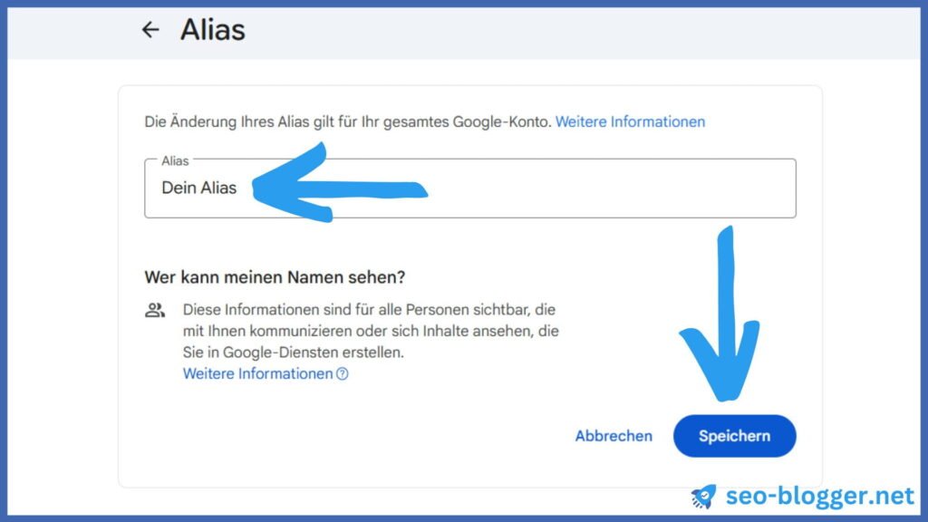 Screenshot des Menüs Alias in einem Google-Konto.