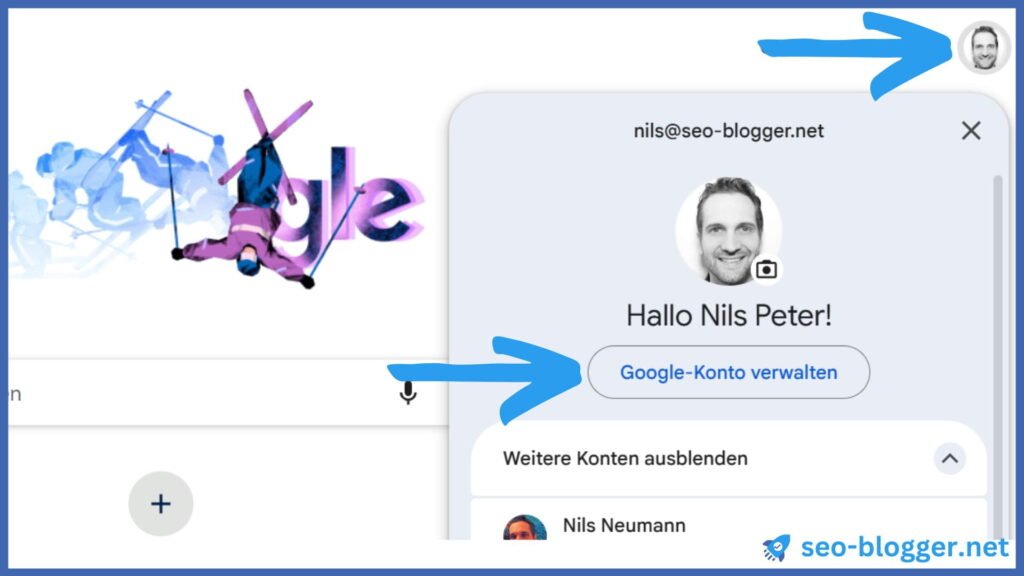 Screenshot in dem Google-Konto verwalten markiert ist.