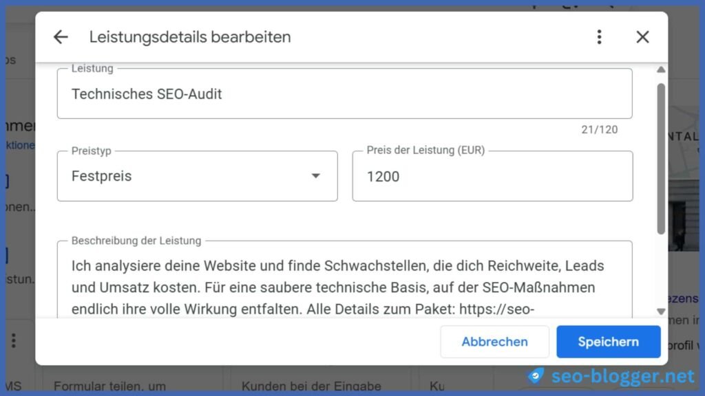Eine eingetragene Leistung im Google Unternehmensprofil.
