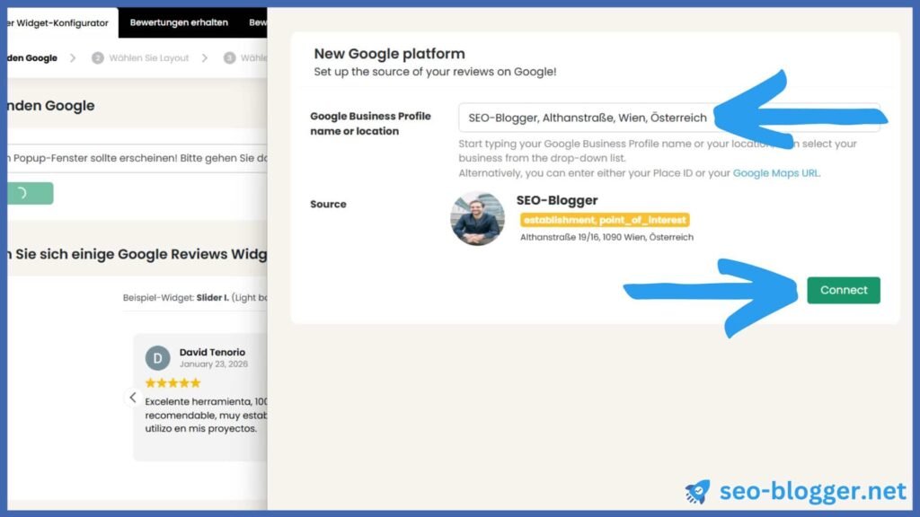 Screenshot des WordPress-Plugins “Widgets for Google Reviews”. Menü Google Unternehmensprofil verbinden.