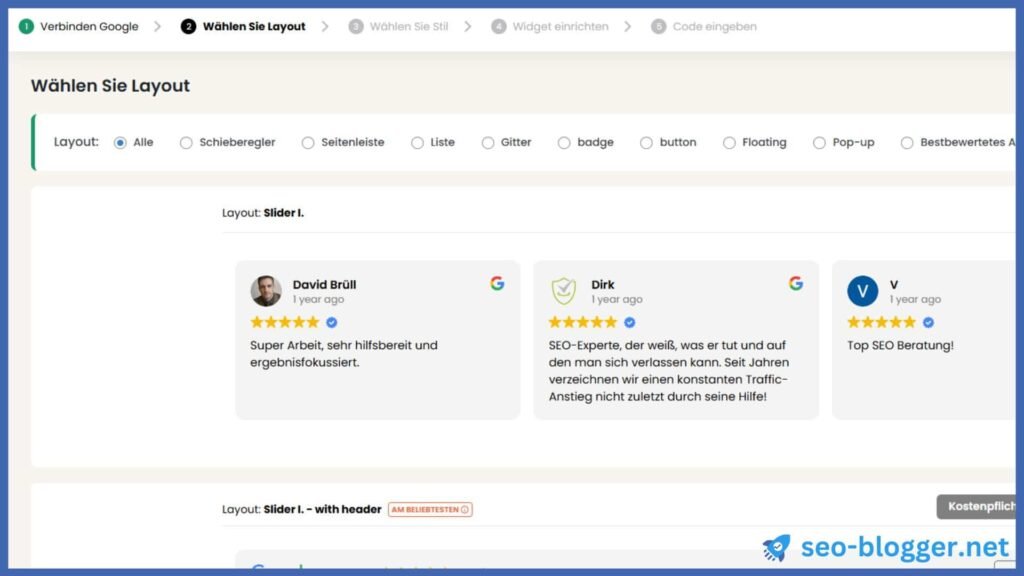 Screenshot des WordPress-Plugins “Widgets für Google Reviews”. Menü “Wählen Sie Layout”.
