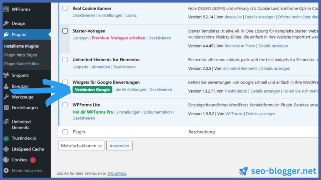 Screenshot von mehreren WordPress-Plugins. Markiert ist das Plugin “Widgets for Google Reviews”.