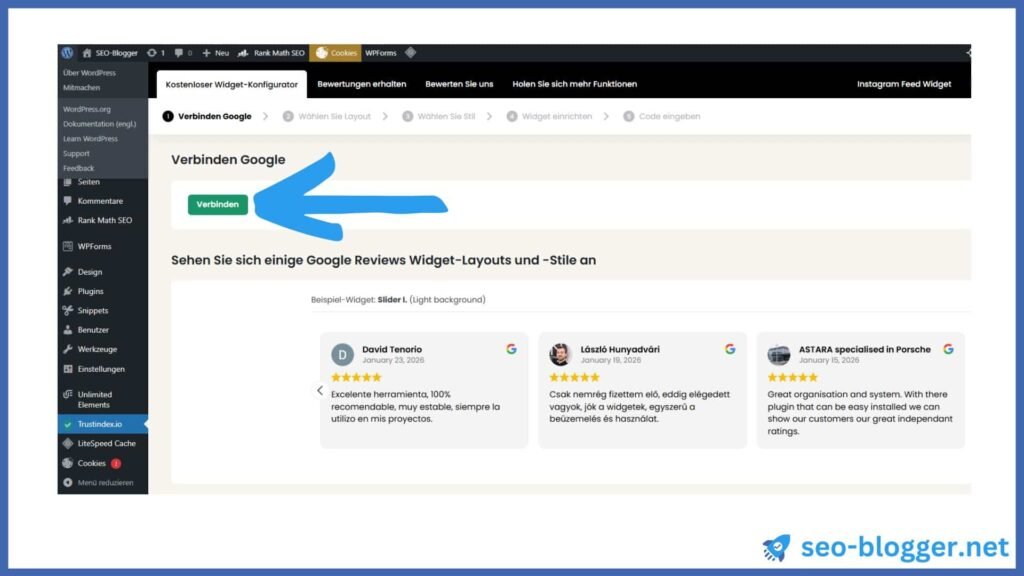 Screenshot des WordPress-Plugins “Widgets for Google Reviews”. Markiert ist der Button “Verbinden”.