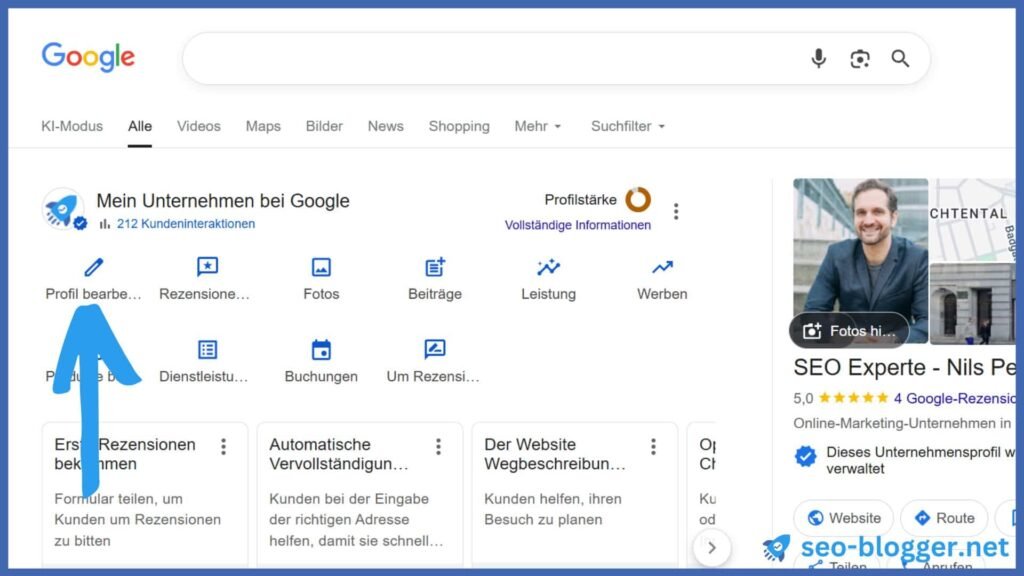 Screenshot eines Google Unternehmensprofils - Markiert ist “Profil bearbeiten”.