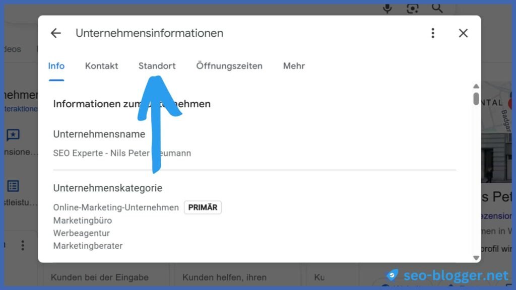 Screenshot eines Google Unternehmensprofils - Markiert ist der Reiter “Standort”.