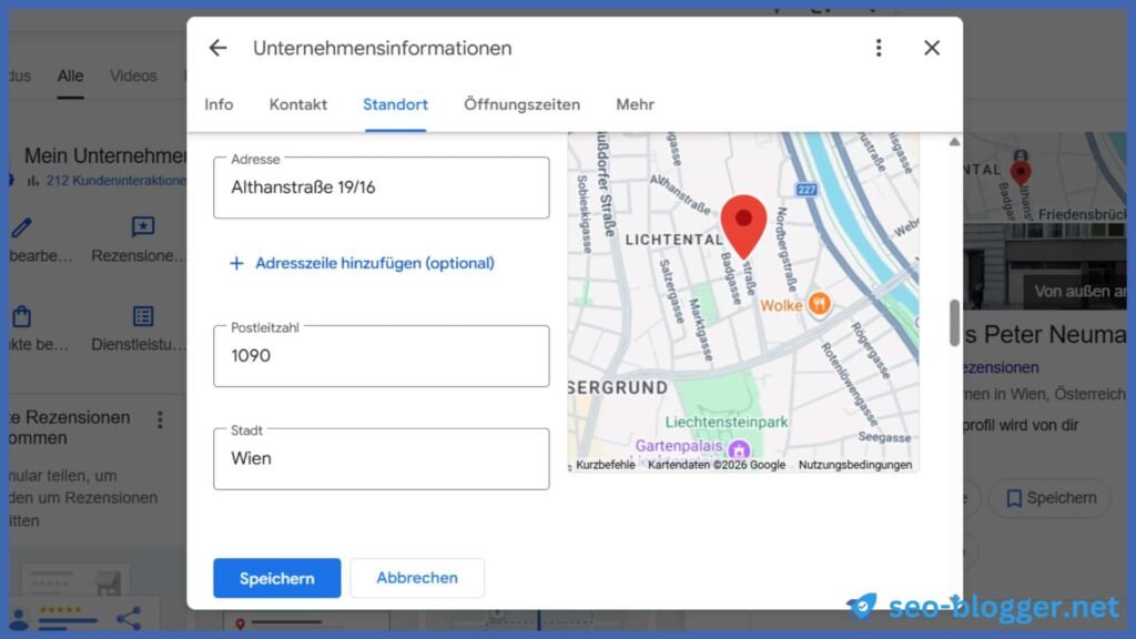 Screenshot den Menüs Standort in den Unternehmensinformationen eines Google Unternehmensprofils.