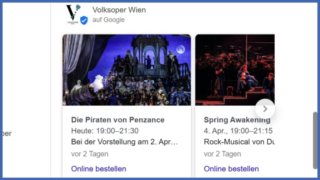 Veranstaltungen im Google Unternehmensprofil einer Oper.