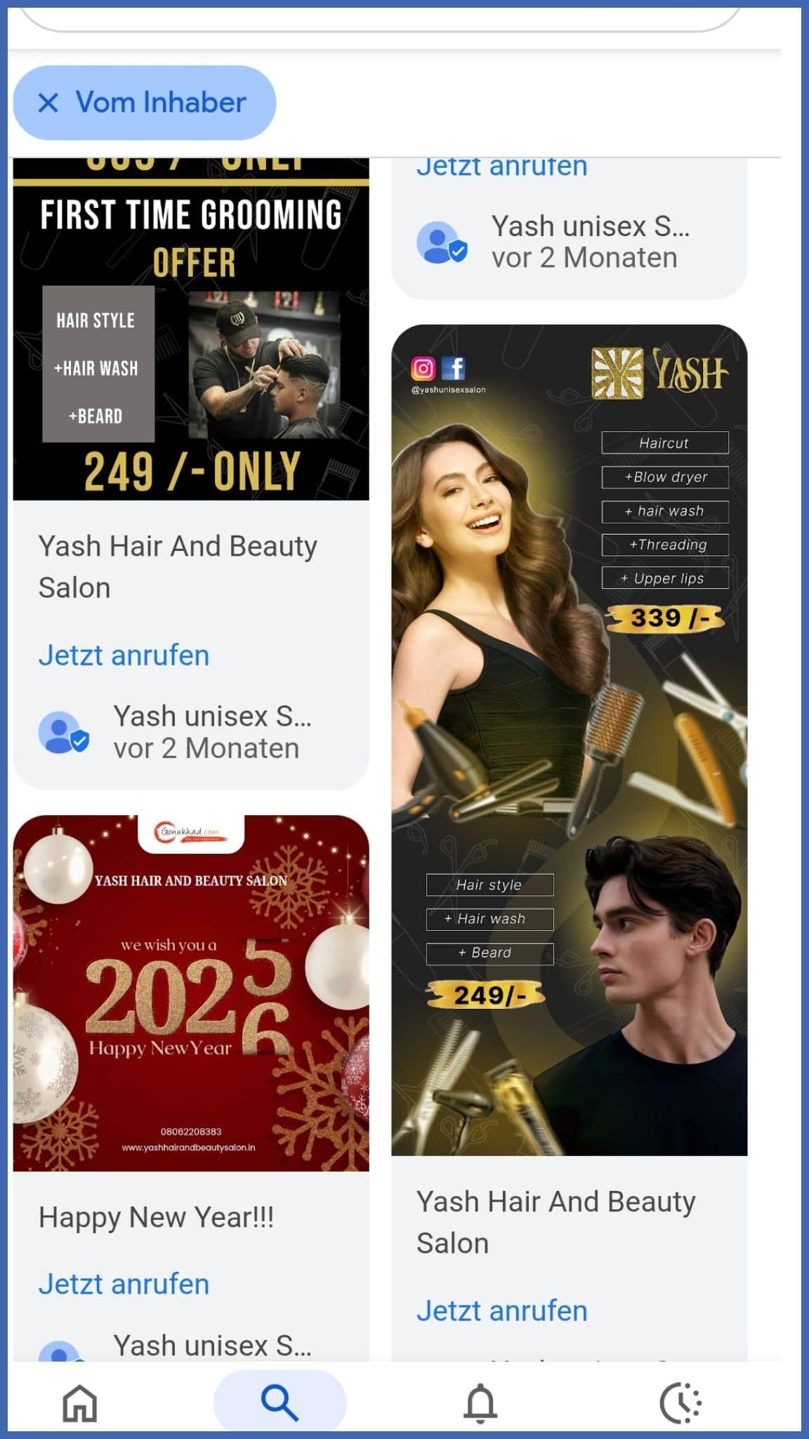 Beispiele für mobil optimierte Beiträge im Google Unternehmensprofil eines Friseurs.