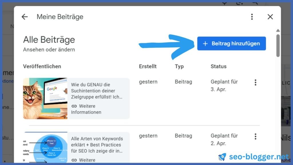 Markiert ist der Button “Beiträge hinzufügen” unter Beiträge.