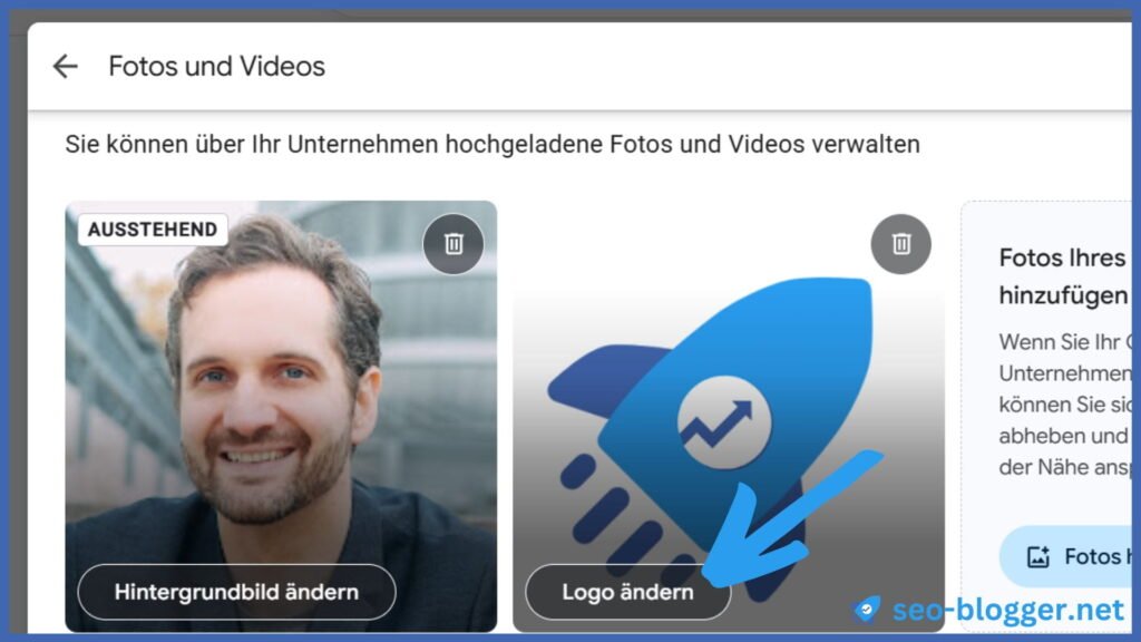 Markiert ist "Logo ändern" in einem Google Unternehmensprofil.