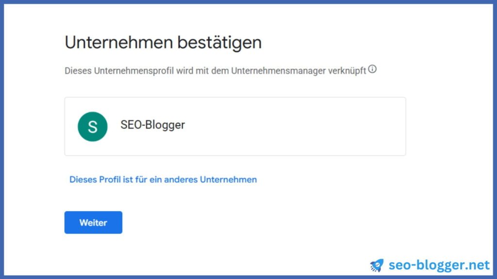 Schritt "Unternehmen bestätigen" beim hinzufügen eines neuen Unternehmensprofils.