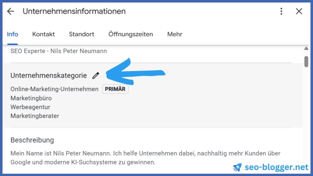 markiert ist der menüpunkt auswahl unternehmenskategorie in einem google unternehmensprofil