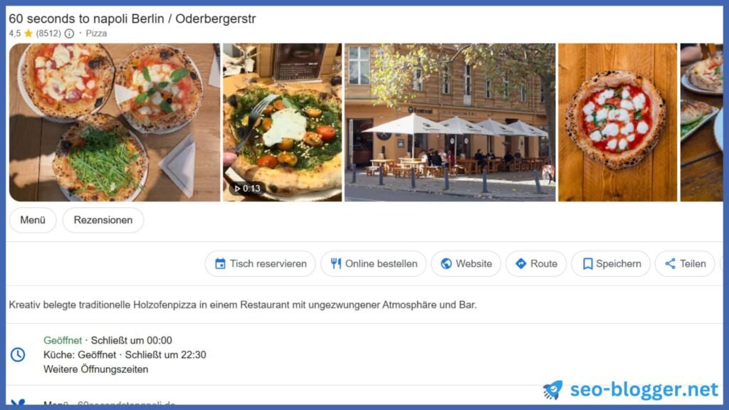 Fotos und Videos im Google Unternehmensprofil einer Pizzeria in Berlin,
