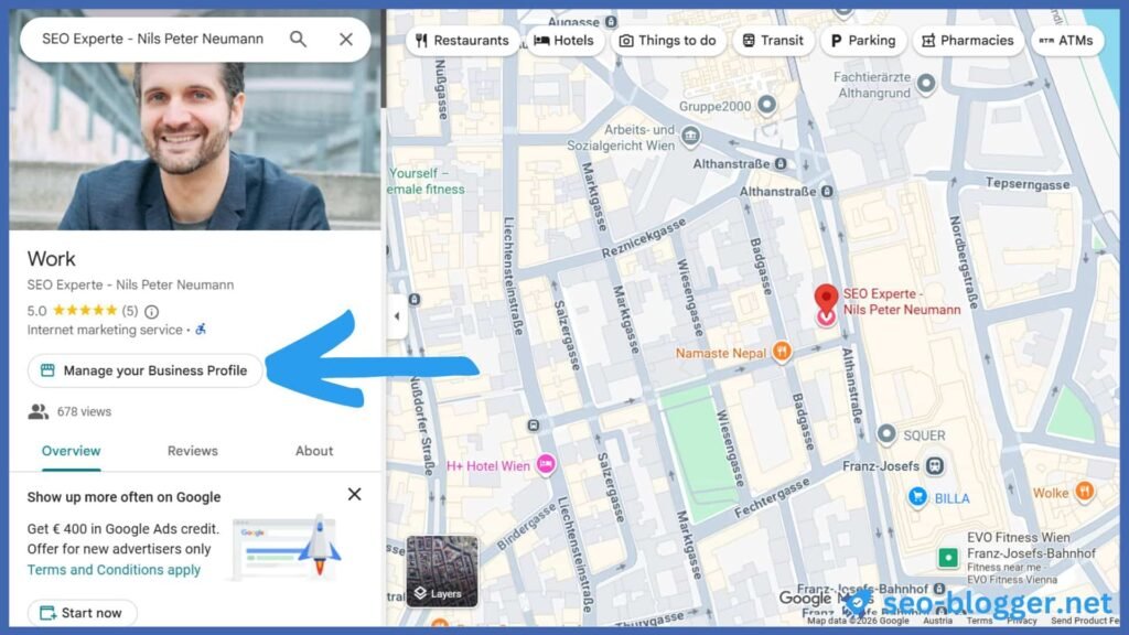 Markiert ist der Button "Manage your Business Profile" eines Google Unternehmensprofils