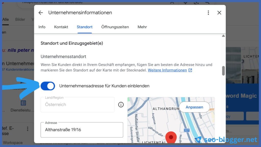 Markiert ist die Option "Google Unternehmensprofil Adresse ausblenden"