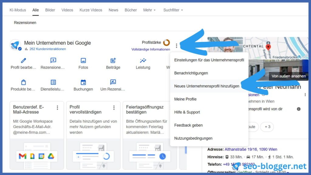 markiert ist die Auswahl "Neue Unternehmensprofil hinzufügen" im Dashboard eines Google Unternehmensprofils.