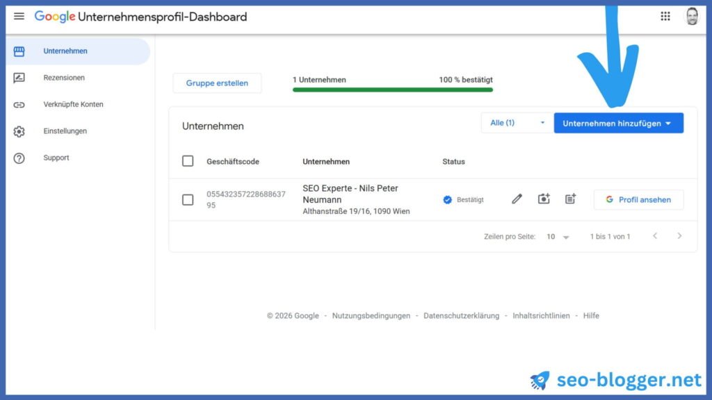 Markiert ist der Button "Unternehmensprofil hinzufügen" in einem Google Unternehmensprofil Manager.