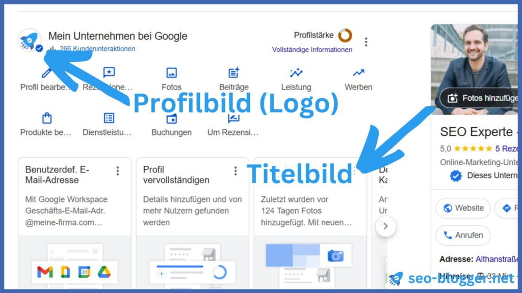 Markiert ist das Logo und das Hintergrundbild in einem Google Unternehmensprofil