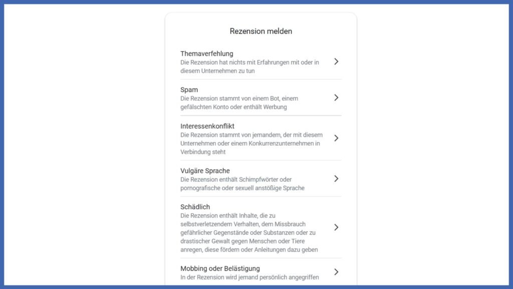 Menü "Rezension melden" - Angabe des Grundes.