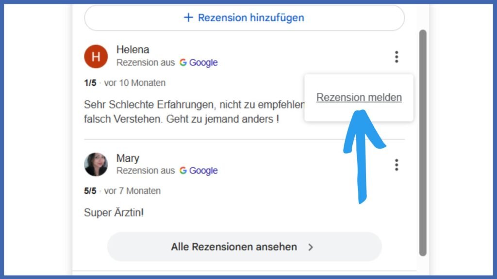 Markiert ist die Auswahl "Rezension melden"