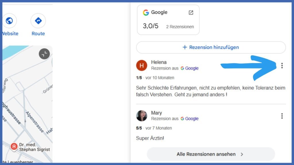 Dreipunktmenü neben der rezension einer Arztpraxis.