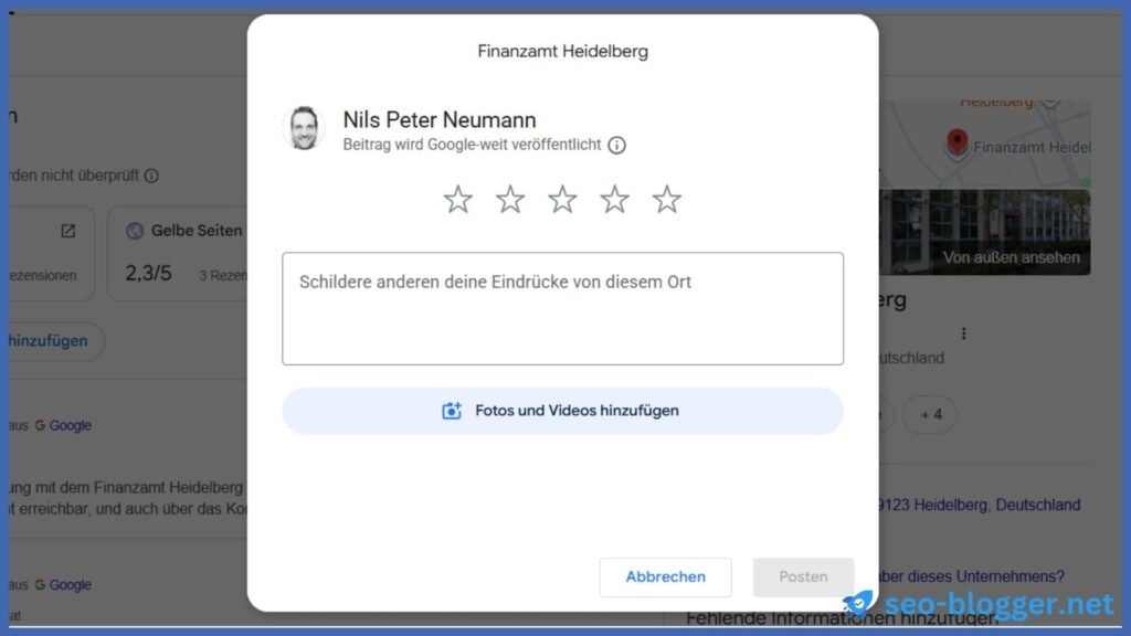 Eingabefeld für Google Rezension (Computer)