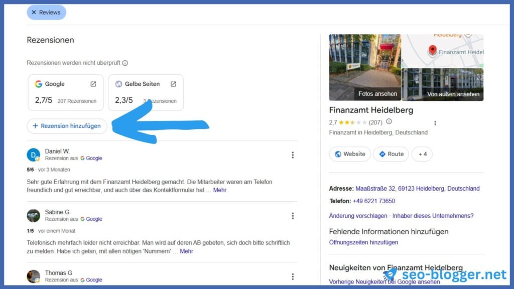 Markiert ist der Button "Rezension hinzufügen".