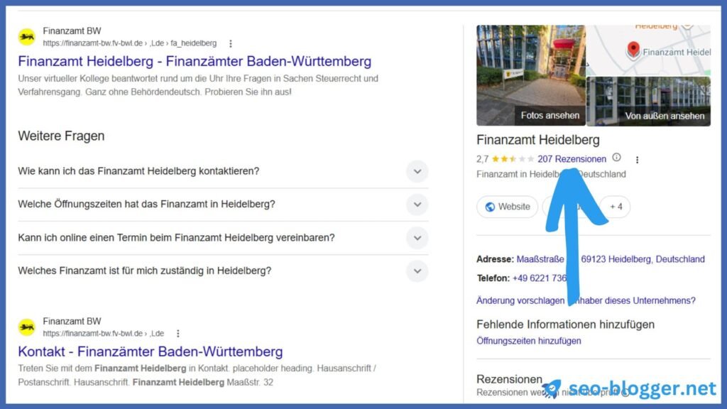 Google Unternehmenseintrag in der Google-Suche. Markiert sind die Rezensionen.