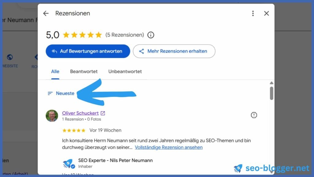 Markiert ist die Sortierungsfunktion der Google Bewertungen.